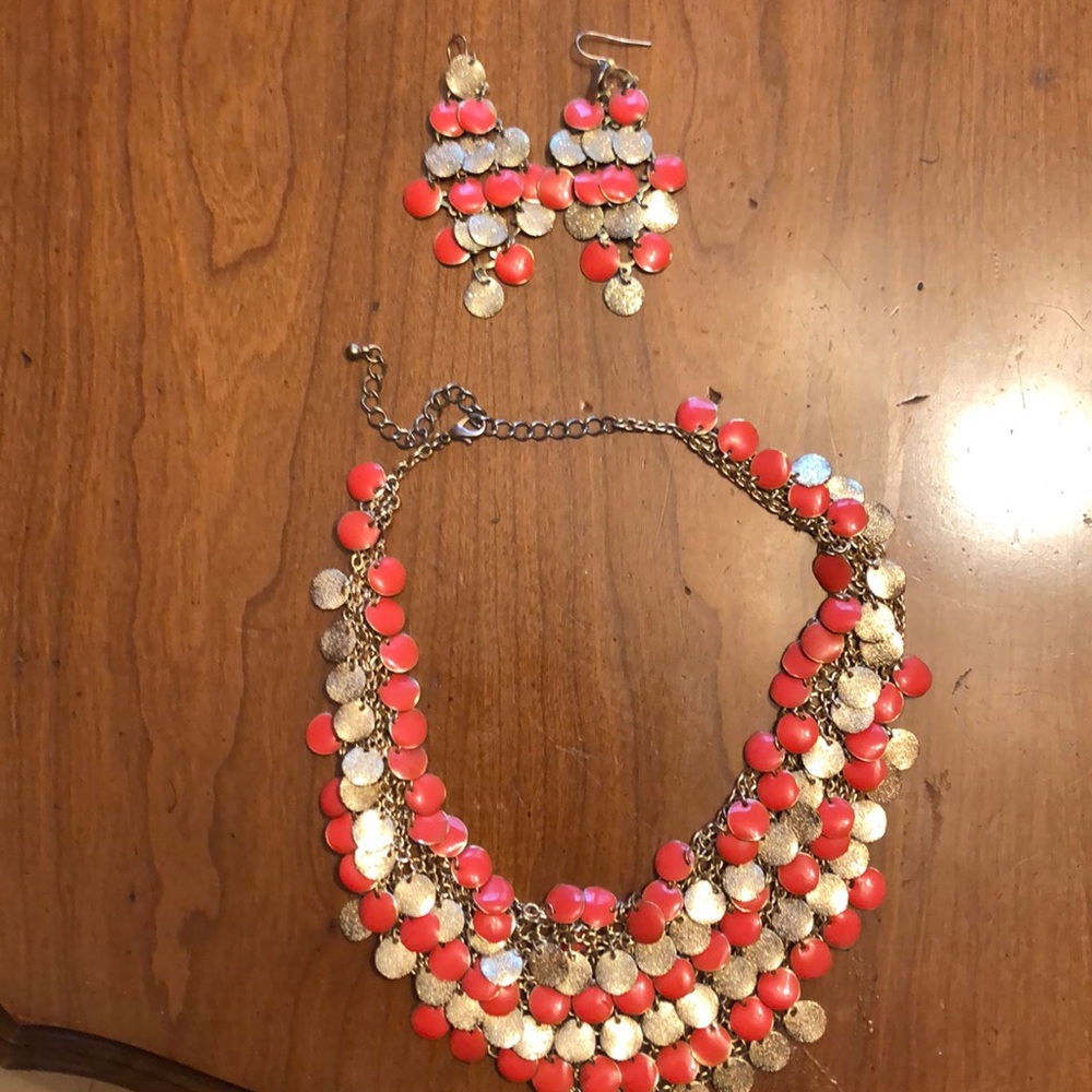 Gold and Orange Statement Necklace and Earring Set